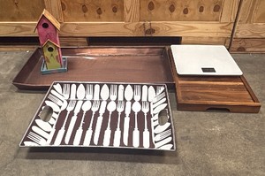3 serving trays, small bird house, and a scale