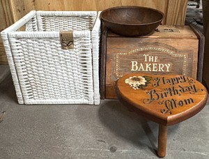 storage bins, stool, and wooden bowl