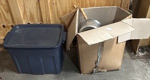 blue tote and open box of kitchen supplies