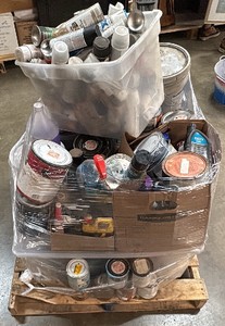 pallet of paint and painting supplies