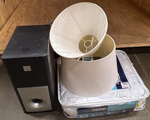 Hitachi speaker, 2 lamp shades, mattress pad