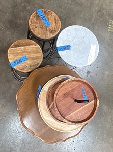 Marble side table, wooden side table, 2 stools, and table top decorations