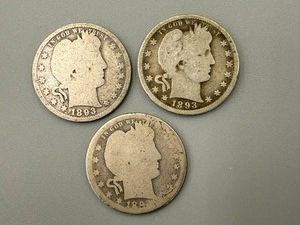 3 Barber Quarters 1893, 1893S & 1893O