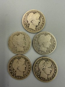 5 Barber Quarters 1901, 1904, 1904O, 1905 & 1905O