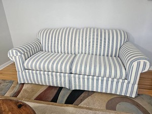 Blue & White Striped Rolled Arm Sofa