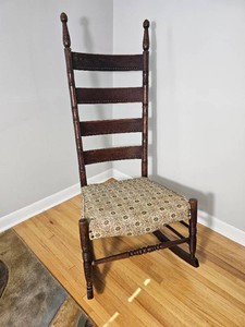 Antique Ladder Back Rocking Chair with Brass Capped Finials