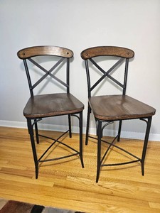 Pair of Wood Tone and Metal Cross Back Bar Stools
