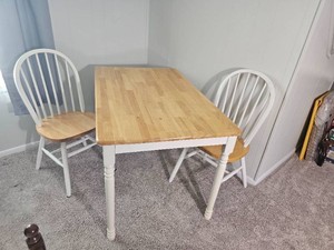 Wood Top Kitchenette Dining Table with Two White Spindle Back Chairs