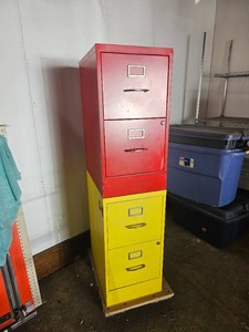 Red & Yellow Two Drawer Filing Cabinets