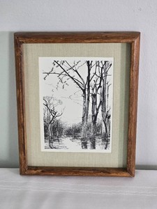 Framed Black and White Wetland Trees and Migrating Birds Artwork