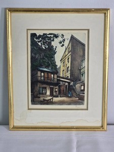 Signed European Style Courtyard Artwork in Gold Tone Frame