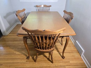 Vintage Wood Dining Table with Four Spindle Back Chairs