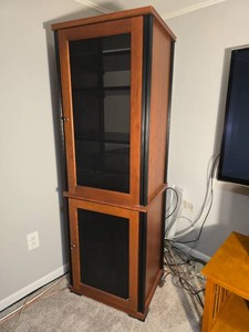 Tall Wood Tone Audio Component Cabinet with Black Mesh Doors