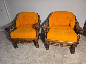 Pair of Vintage Wood Frame Armchairs with Orange Cushions