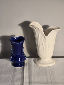 Vintage Cobalt Blue and Ivory Pottery Vase Pair