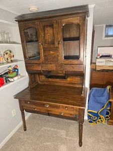 Antique Wood Secretary Hutch with Glass Doors and Multiple Drawers