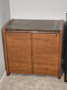 Vintage Wood Tone Filing Cabinet with Marble Look Top