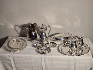 Vintage Plated Silver Serving Collection with Pitcher, Coffee Pot and Trays