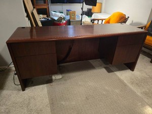 Wood Tone Office Credenza Desk with Four Drawers