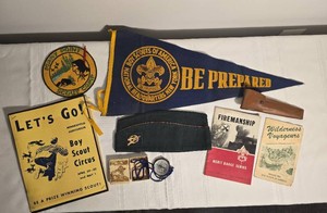Vintage Boy Scout Memorabilia with Pennant, Camp Patch, Compass and Booklets