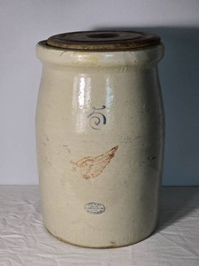Antique Red Wing Union Stoneware No. 5 Butter Churn with Wooden Lid