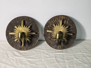 Pair of Sunburst Wall Candle Sconces with Gold Tone Accents