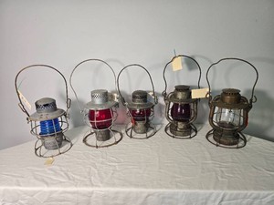 Five Railroad Style Lanterns with Blue, Red and Clear Globes