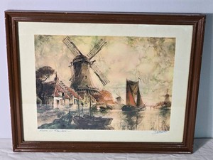 Framed - River in Flanders - Windmill and Sailing Boat Print
