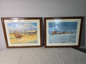 Pair of Framed T. Hatcher Pony Express Western Prints with Horseback Rider and Stagecoach