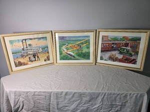 Three Framed T. Hatcher Postal Service Prints with Riverboat, Airmail Plane and Railway Scenes
