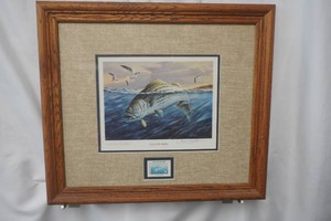 Gulls over striper by James Killen 1983 Striped Bass Stamp Print 19 x 16 Collectors Edition signed framed and matted