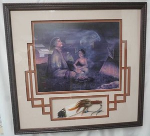 Grandfather Teller of Tales by Debra Colburn signed and numbered 560750 32 x 34 with an integrated shadow box with feathers and bead work