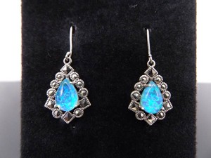 .925 Sterling Silver Art Nouveau Opal Crystal Dangle Hook Earrings