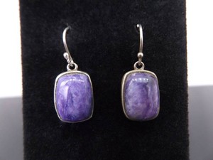 .925 Sterling Silver Charoite Cabochon Dangle Hook Earrings
