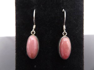 .925 Sterling Silver Pink Opal Cabochon Dangle Hook Earrings
