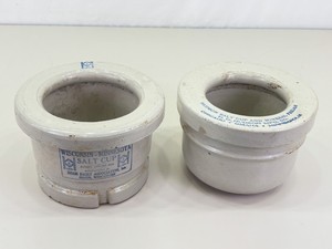 2 Antique Advertising Stoneware Feeders