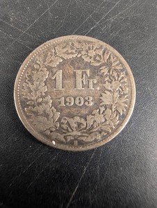 1908 Swiss 1 Franc Coin, Mint Mark B