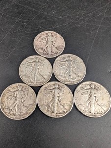 Six Walking Liberty Half Dollar Coins, 1942-1945