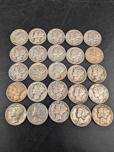 Lot of 25 Mercury Dimes, 1920s-1945
