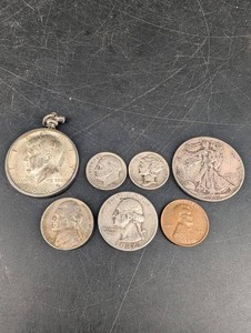 7-Piece U.S. Coin Lot With Kennedy Half Dollar Pendant