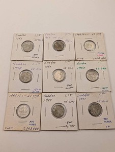 Sweden 25 Ore .400 Silver Coins, Lot of 9