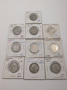Sweden 1 Krona Silver Coins, Lot of 10