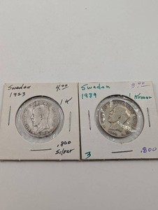 Sweden 1 Krona 80% Silver Coins, 1923 & 1939 (Lot of 2)