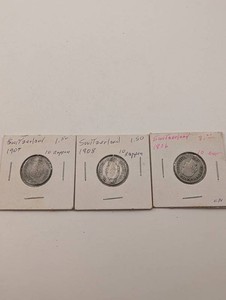 Switzerland 10 Rappen Coins, 1906-1908 (Lot of 3)