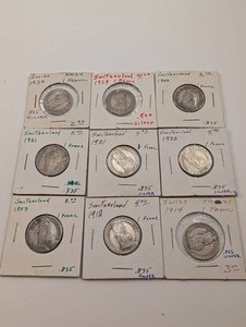 Lot of 9 Swiss 1 Franc Coins, 1903-1940 83.5% Silver