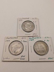 Switzerland .835 Silver Franc Coins, Lot of 3