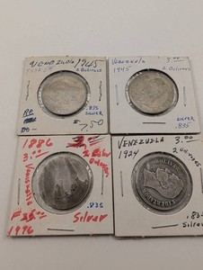 Venezuela 2 Bolivars Silver Coins, 1886, 1924 & 1945 (Lot of 3)