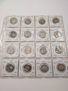 Lot of 16 France 1 Franc Silver Coins 1916-1919 83.5% Silver