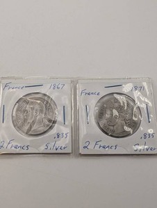 France 2 Francs Silver Coins, 1867 & 1871 (Lot of 2)