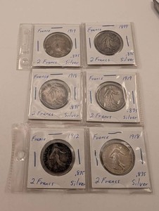 France 2 Francs .835 Silver Coins, 6-Piece Lot 83.5% Silver